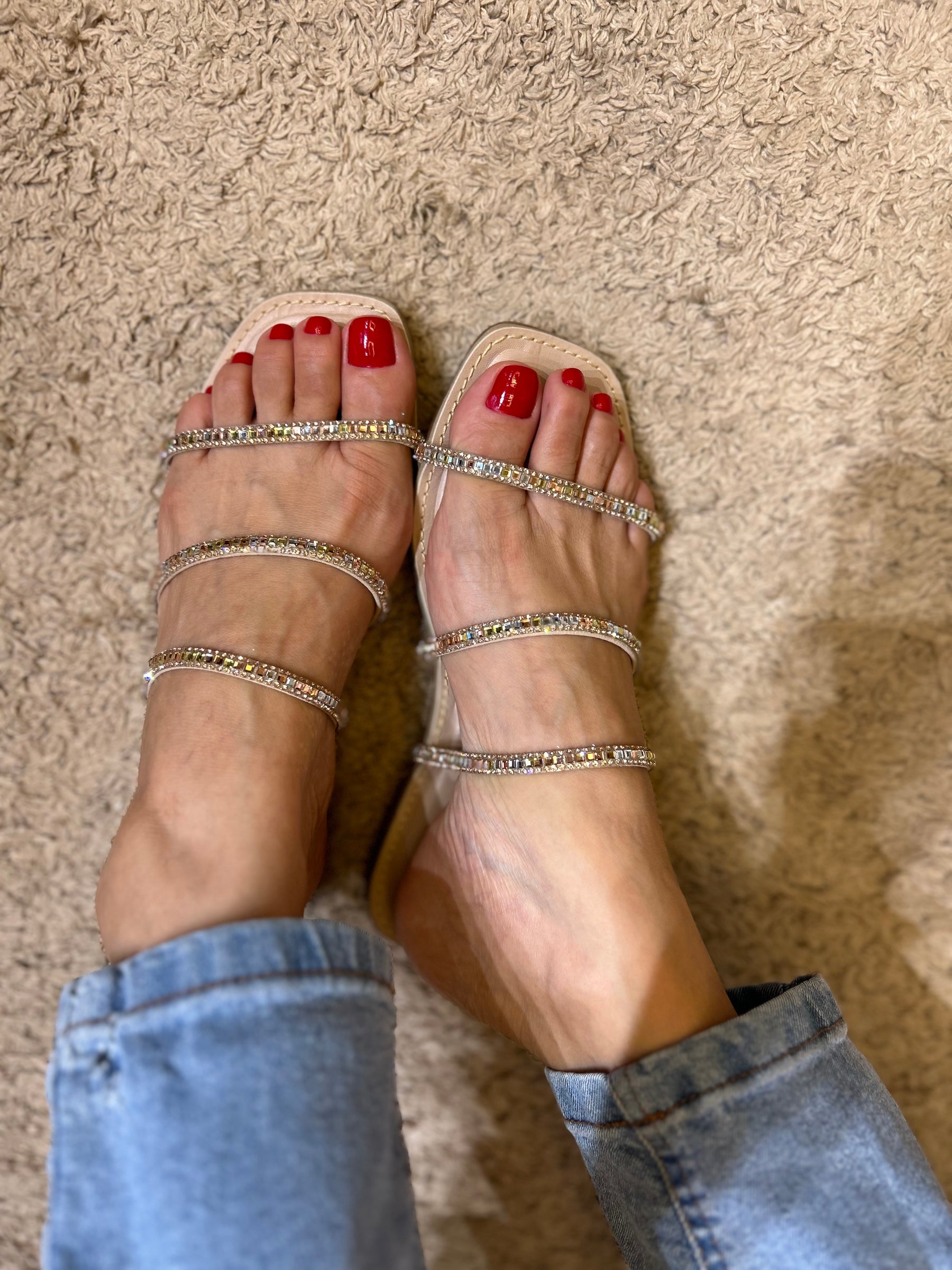 Rasteira Feminina Nude com Tiras de Strass Rosé