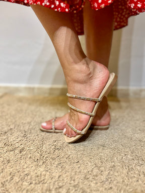 Rasteira Feminina Nude com Tiras de Strass Rosé